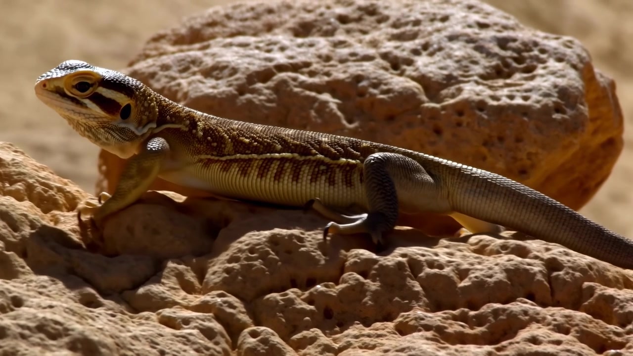 Striped desert lizard rests on eroded pitted sandstone in arid landscape, seen from low angle with head turned slightly left, forelimb extended forward, tail trailing behind, warm light and strong
