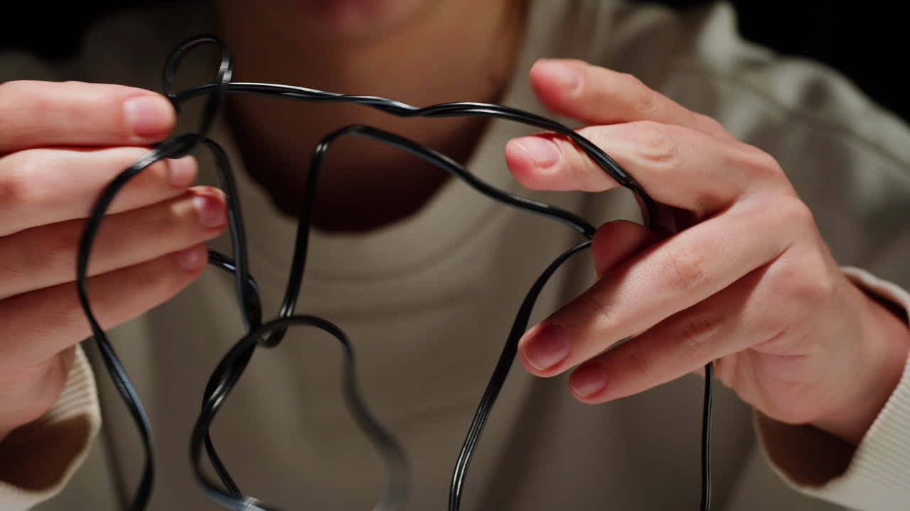 Young woman trying to untangle the black headphones close-up. Tangled wires on table. Trying to untangle many messy cables