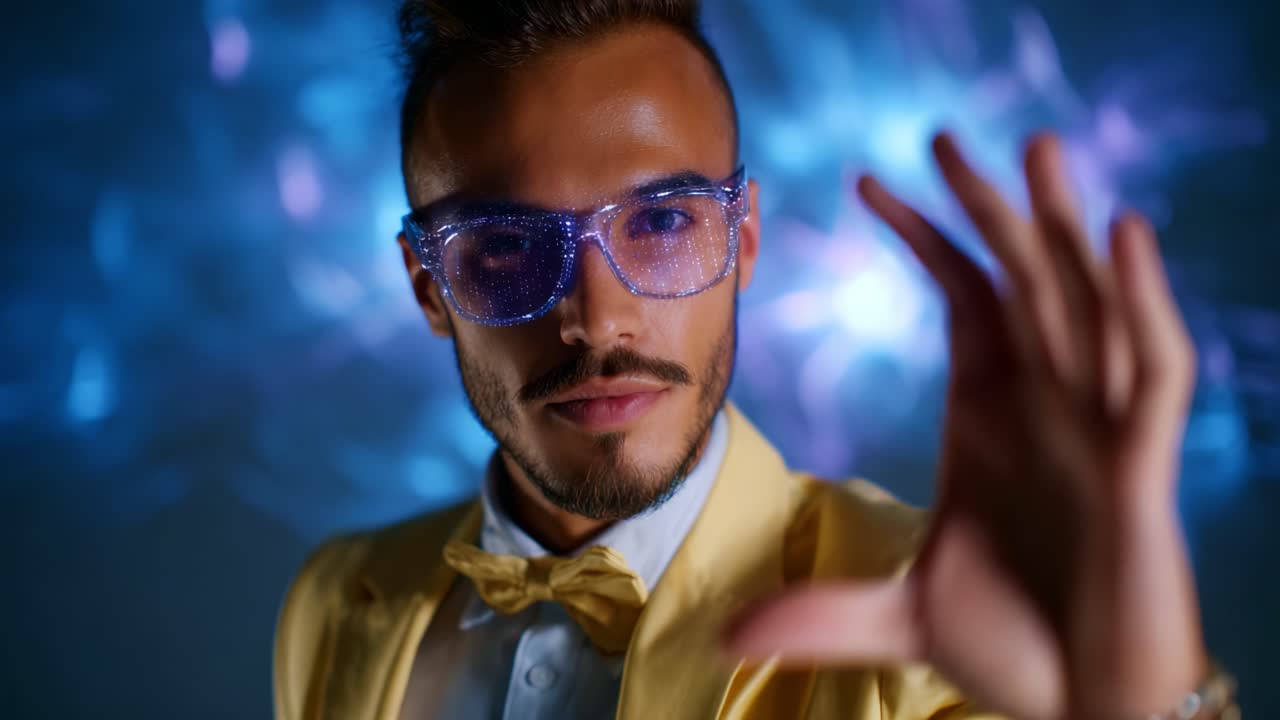 Un uomo elegante in un abito giallo e occhiali abbaglianti posa con sicurezza con la mano tesa, creando un’atmosfera coinvolgente su uno sfondo colorato.
