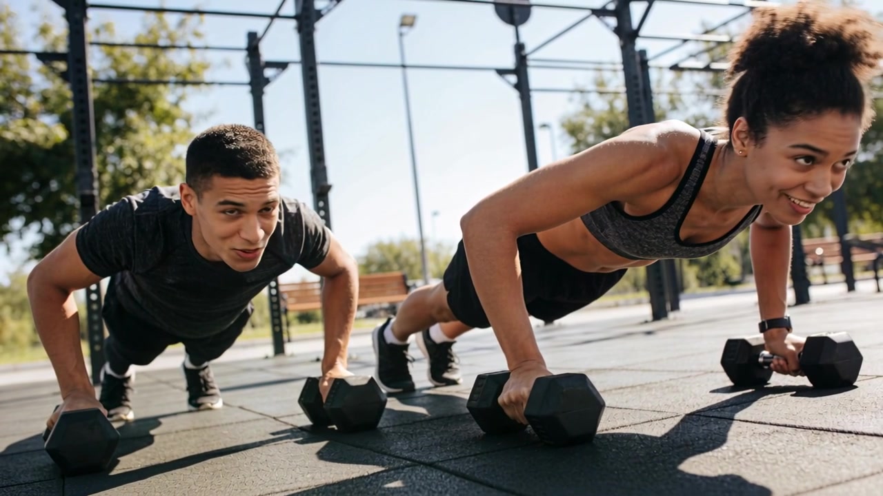 Woman initiating pushup in gray sports bra, man following, training on park rig with hex dumbbells