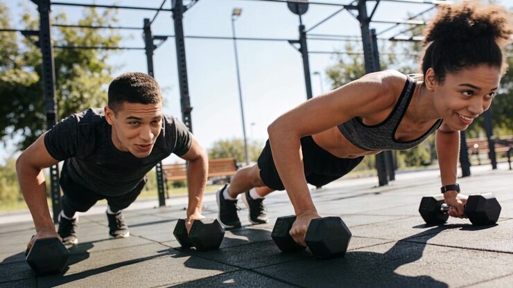 Woman initiating pushup in gray sports bra, man following, training on park rig with hex dumbbells