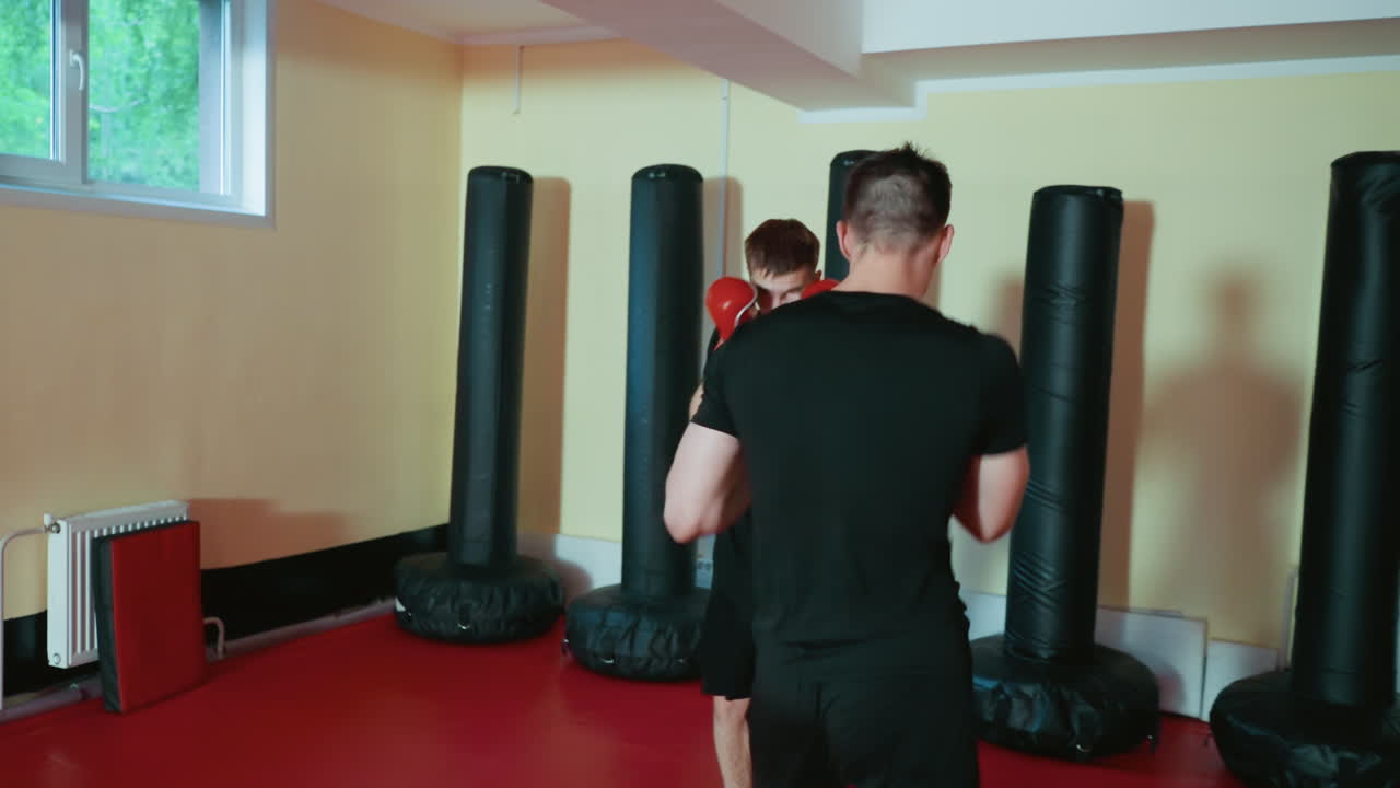 Wrestlers facing each other inside gym punching wearing gloves, maintaining defensive stances, focusing on combat training, concentration, intensity during martial arts practice session
