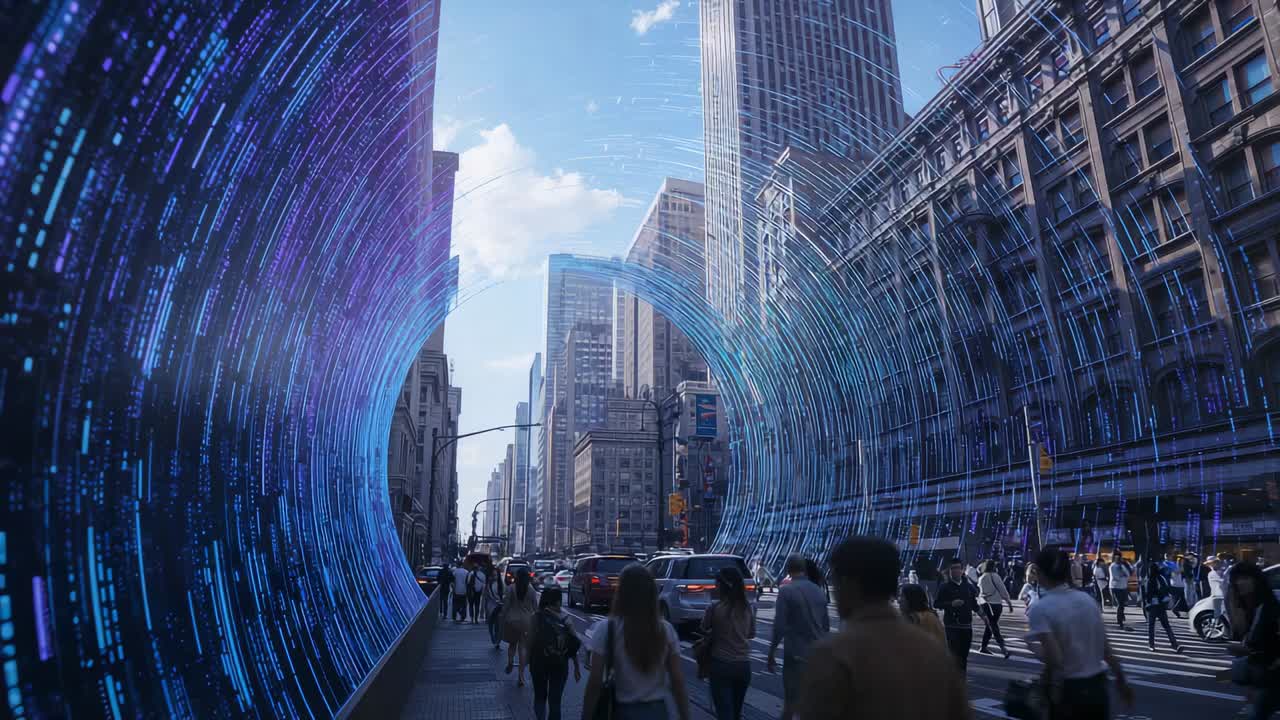 Appearing left, digital tunnel expanding across downtown ave, framing skyline, commuters in suits