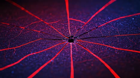 intricate patterns of light and texture revealed in a close-up of a cracked surface illuminated by vibrant red and blue hues