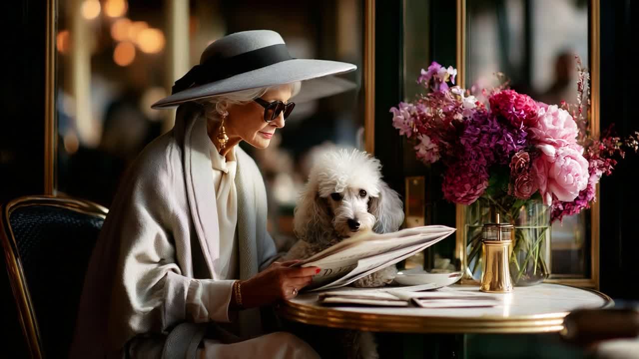 Elegant Woman Enjoying a Leisurely Moment at a Café with Her Adorable Poodle Companion Surrounded by Beautiful Flowers in a Chic, Sophisticated Atmosphere