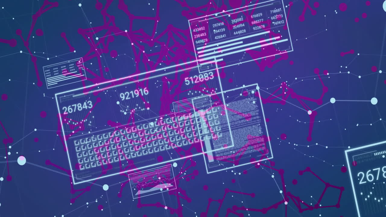 Keyboard and numerical data over digital animation of abstract network background