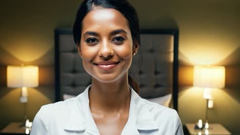 mujer sonriente en una camisa blanca de pie en una habitación de hotel