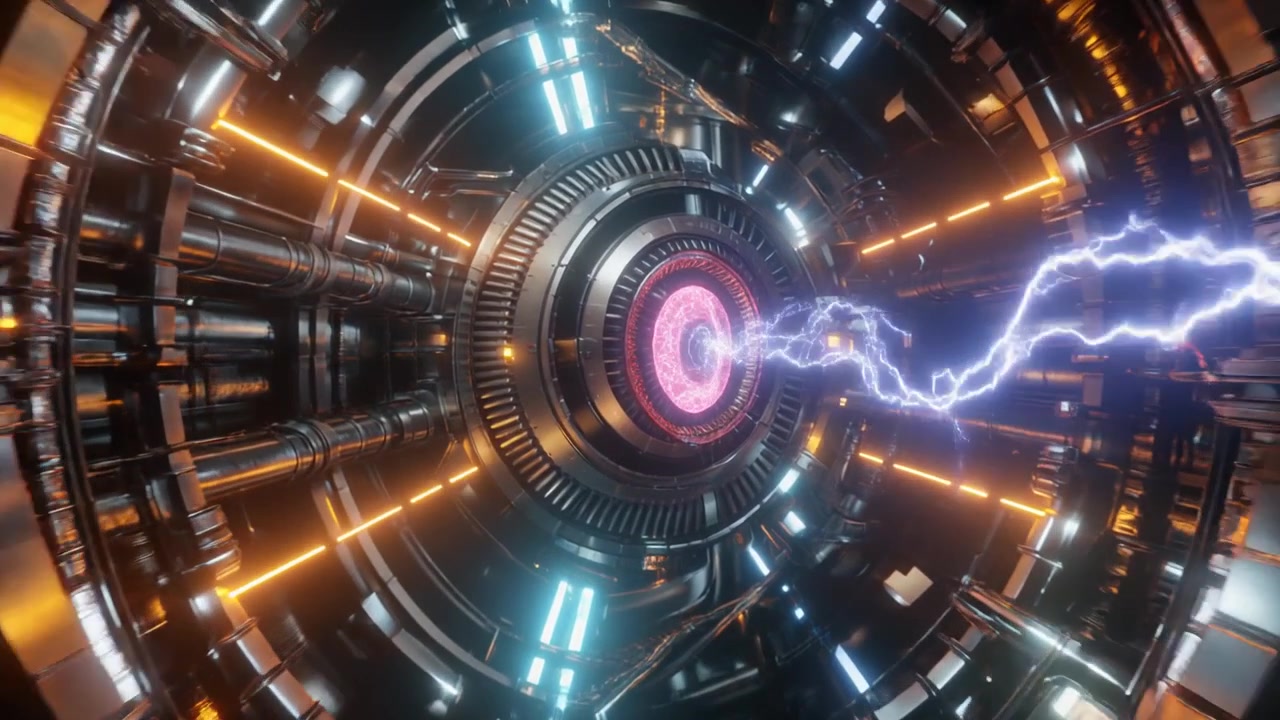 Nucleo di reattore fantascientifico futuristico con archi elettrici