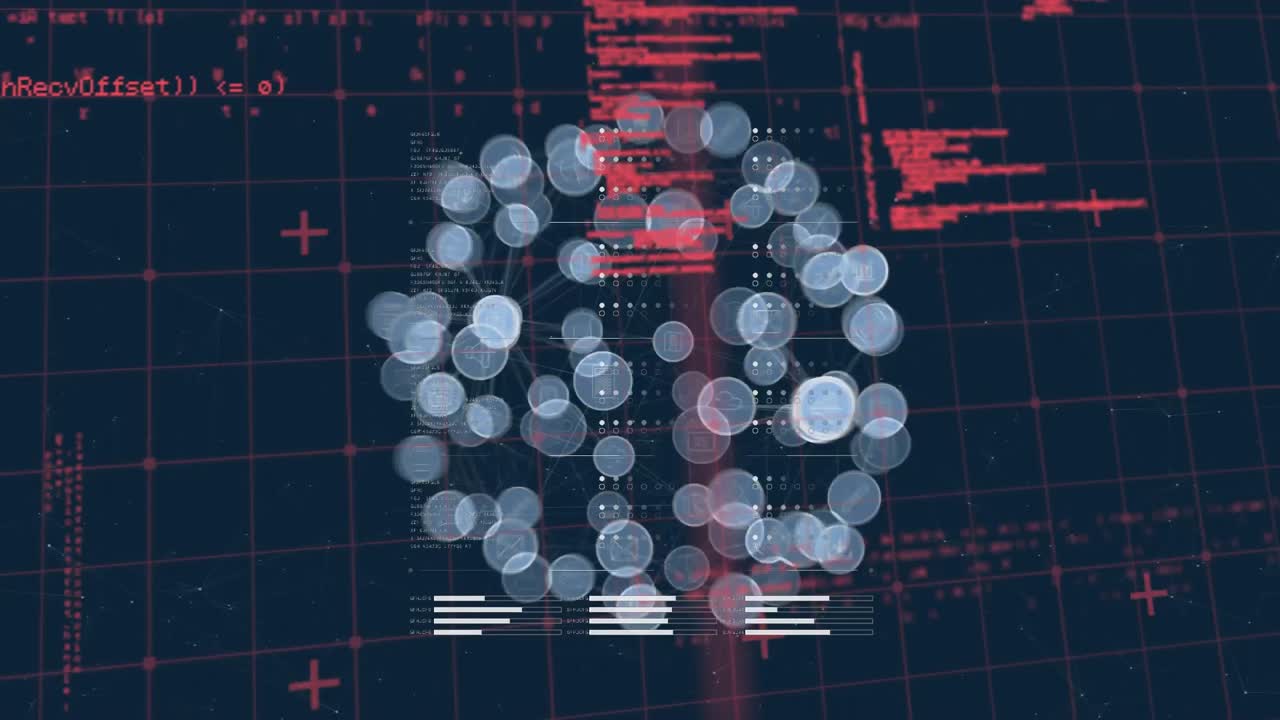 Digital animation of globe of digital icons against data processing on blue background