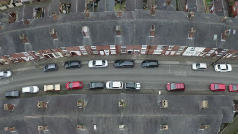 overhead aerial footage of terrace housing in one of stoke on trent's poorer areas, poverty and urban decline, council and social housing, west midlands