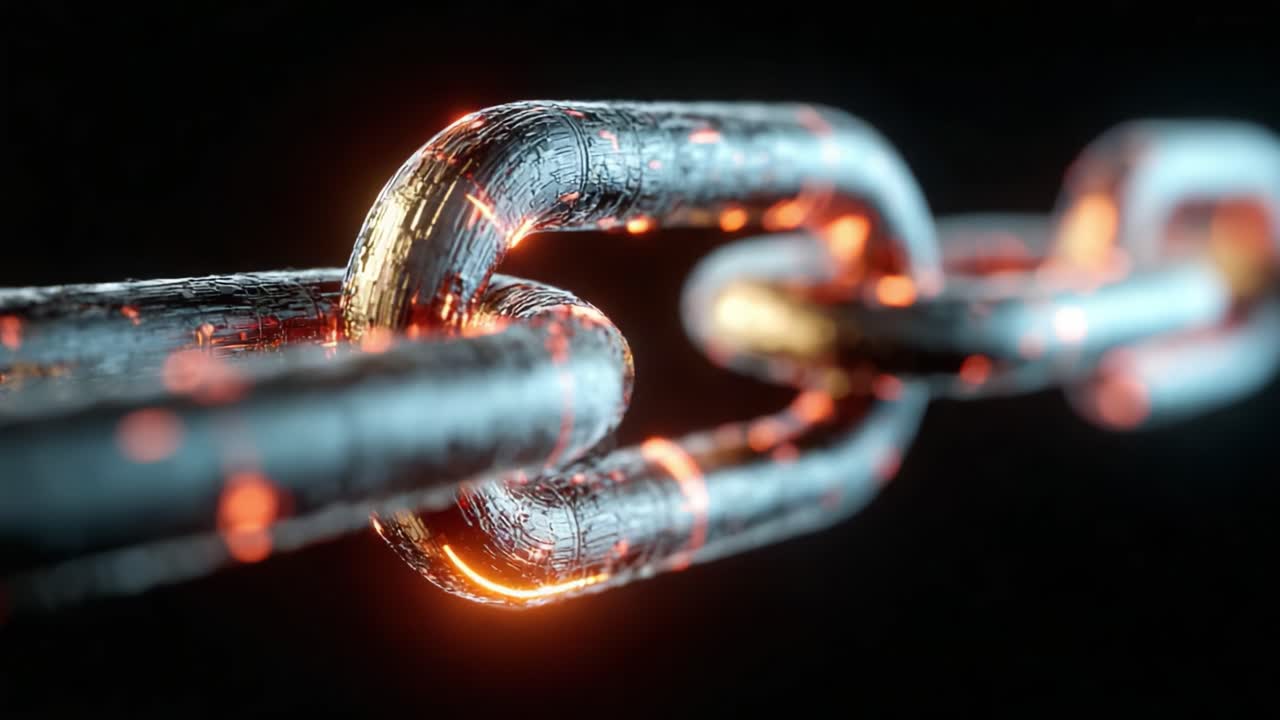 Illuminated Metallic Chain Links Highlighting Strength and Connectivity in a Glistening Abstract Composition with a Dark Background