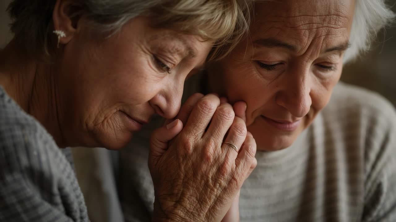 Leaning left woman comforting pal pressing fingers holding hands at home knit sweaters floral stud