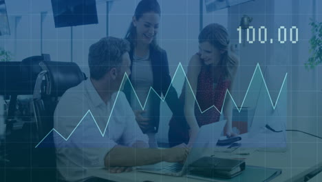 business people discussing work at desk with stock market graph animation over them