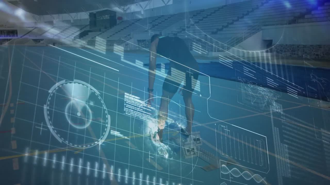 스포츠 필드에서 출발 위치에 있는 남성 운동 선수에 대한 데이터 처리 인터페이스의 애니메이션