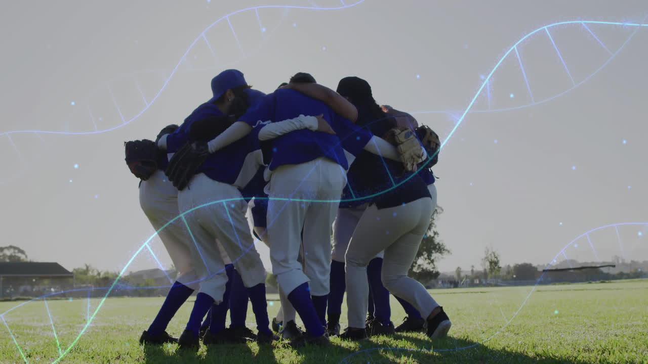 DNA strand animation over baseball team huddling on field