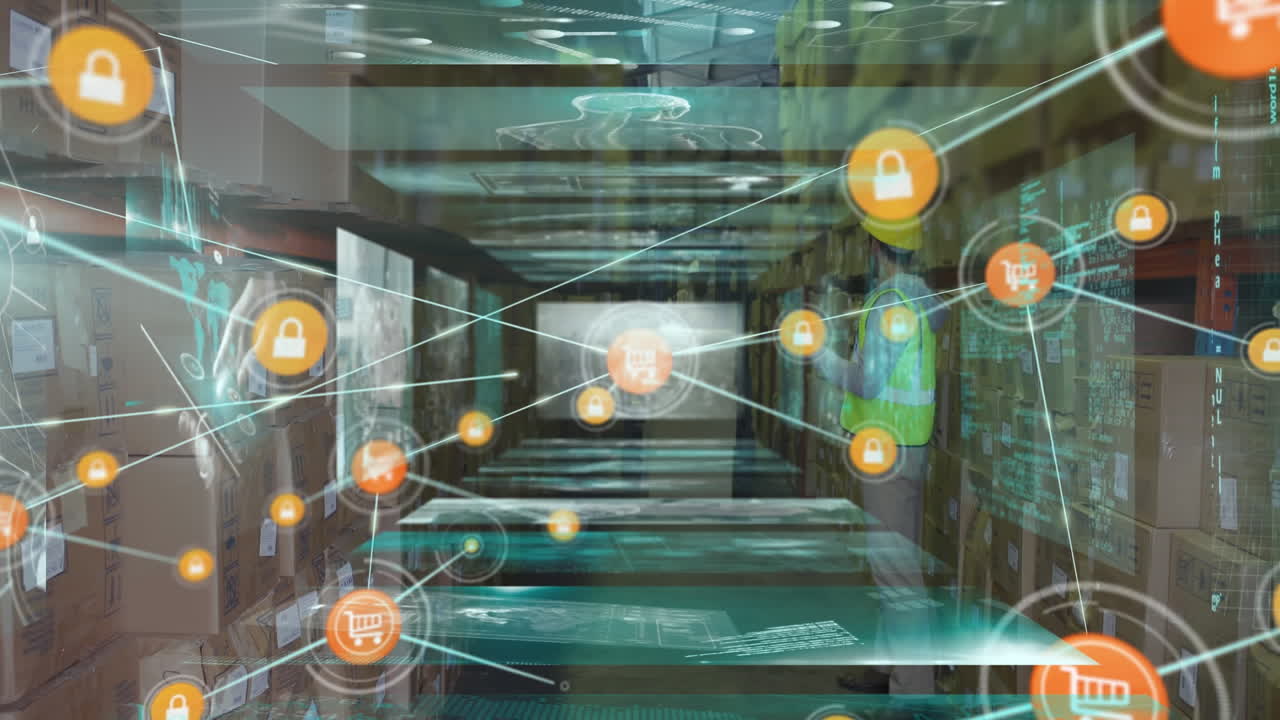 창고에 있는 백인 남성 노동자에 대한 데이터 처리 애니메이션