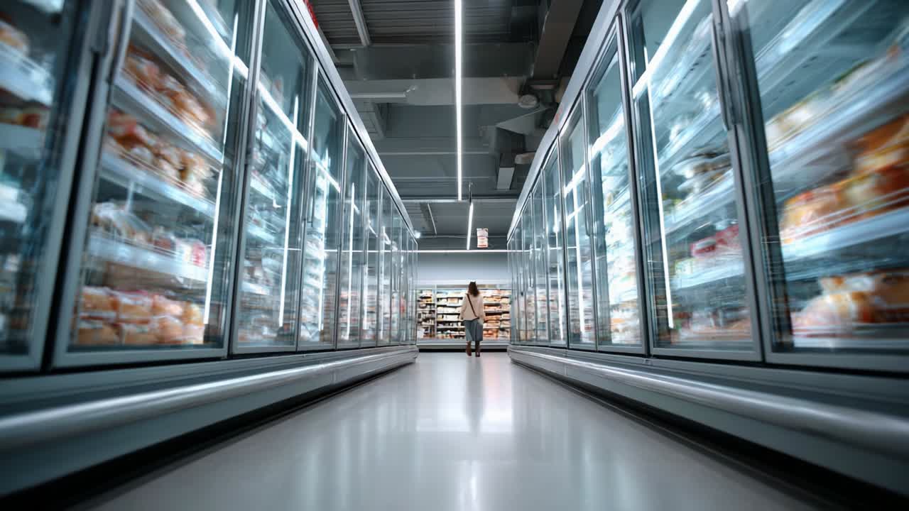 An Individual Navigating through an Aisle of Refrigerated Displays in a Grocery Store, Observing Various Food Products and Frozen Items while Enjoying a Shopping Experience