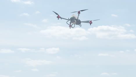 professional drone with camera flying in the blue sky