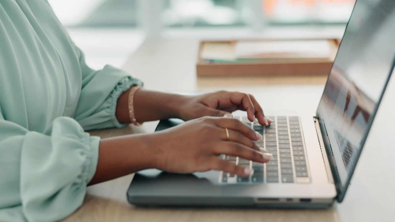 Laptop, feedback and hands typing
