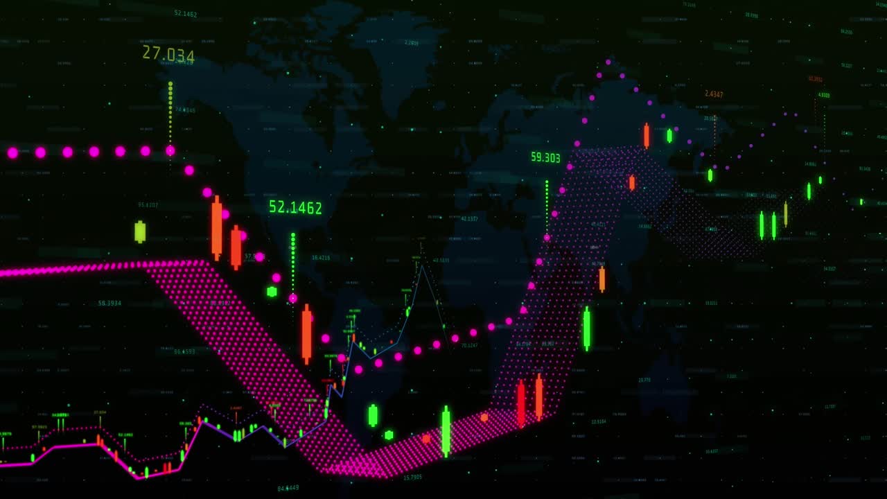 animación digital del procesamiento de datos financieros sobre el mapa del mundo contra un fondo negro