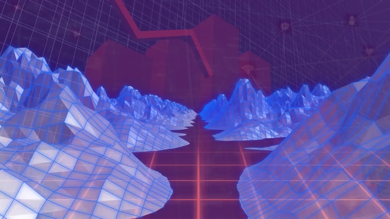 Animation of metaverse structures over red grid network against statistical data processing