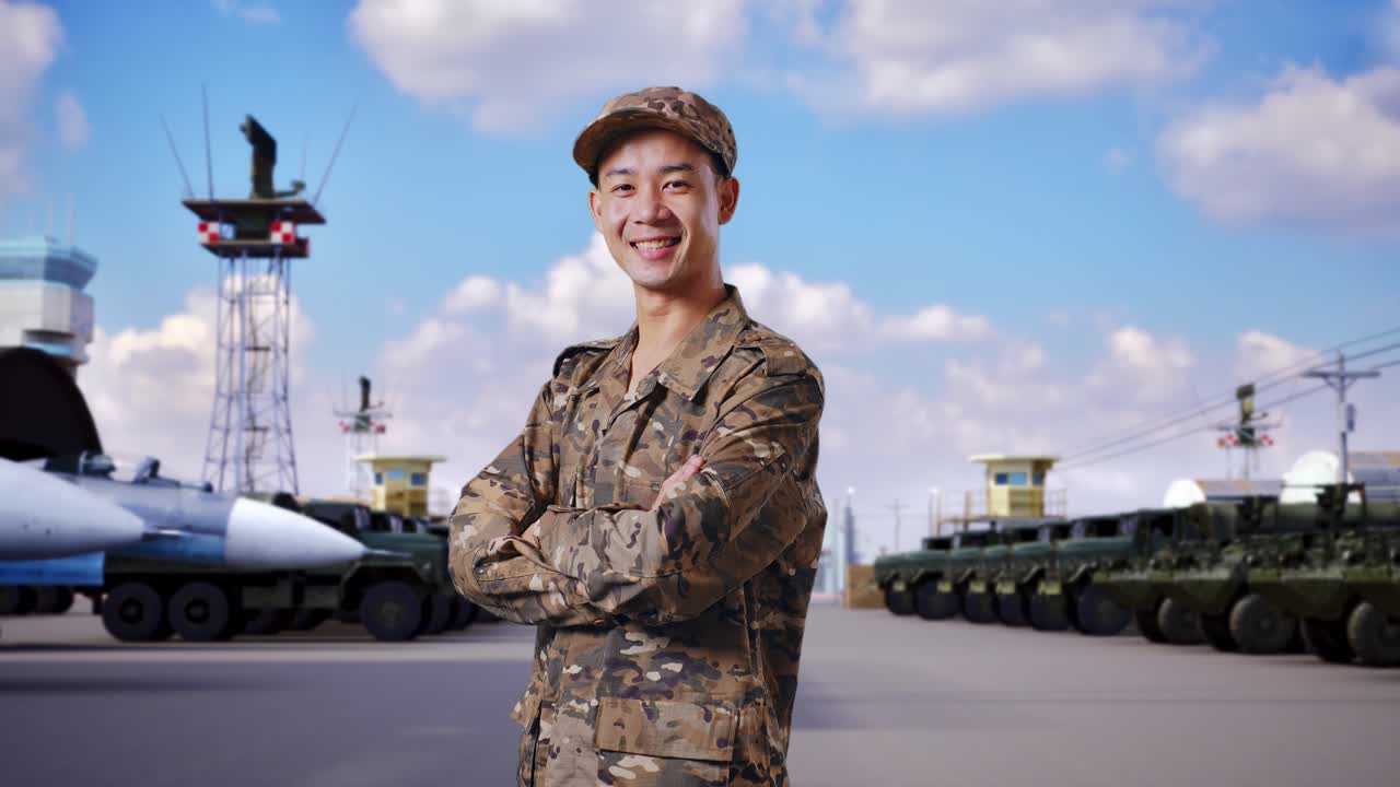 위장 유니폼을 입은 미소 짓는 아시아 군인