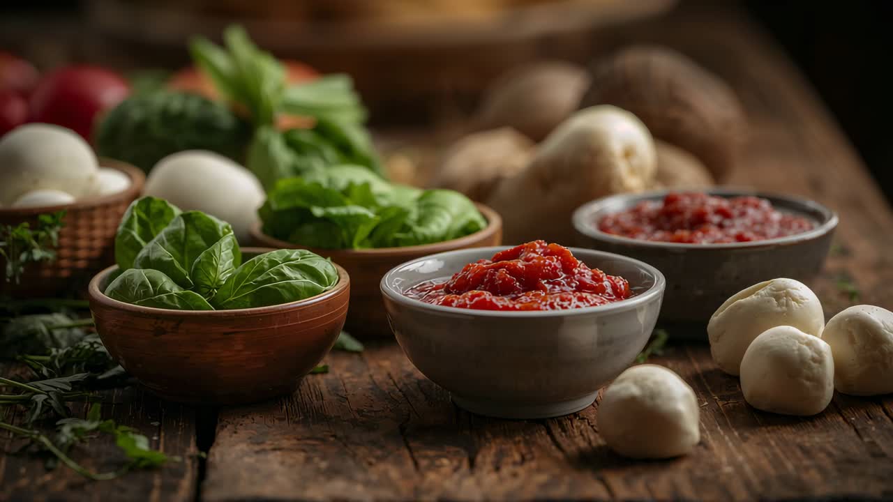Moving camera closing, sauce bowls, basil and mozzarella drawing focus for texture on rustic bench