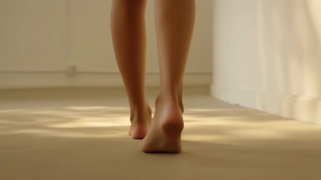 Gambe che si avvicinano con passi costanti e alternati mentre i piedi attraversano un pavimento liscio e neutro, inquadrato a livello del suolo con luce solare calda, ombre soffuse e pareti chiare