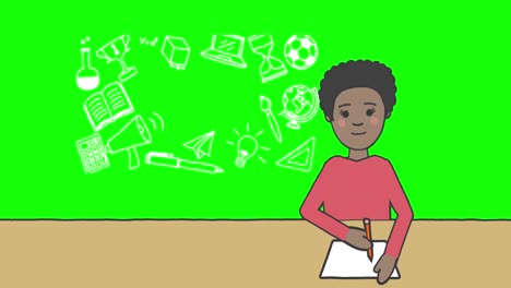 animación de una escolar tomando notas sobre los íconos de los artículos escolares en fondo verde