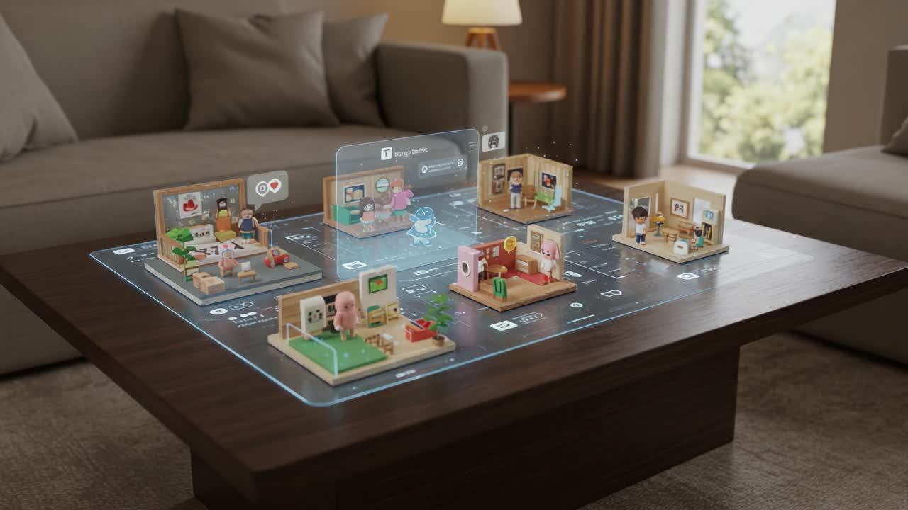 A Futuristic Living Room Showcase with Augmented Reality Interactive Displays Featuring Digital Miniature Rooms and Virtual Objects in a Modern Setting