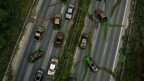 overgrown highway with abandoned cars