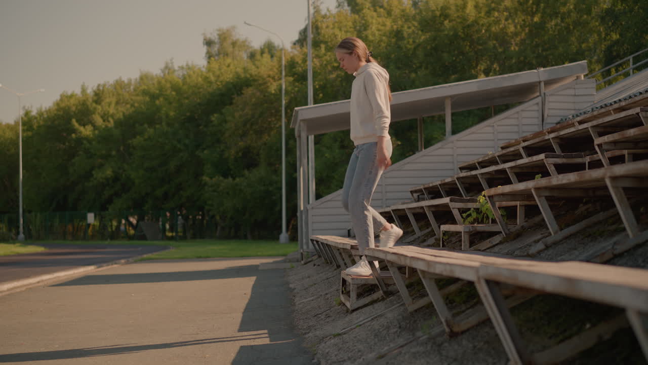 한 여성이 청바지와 후디를 입고 편안한 캐주얼 옷을 입고 농촌 스타디움 좌석을 고 있습니다. 배경에는 빈 관중석, 전기 기둥, 울창한 나무가 있습니다.