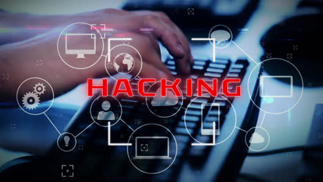 animación de hackers de texto e iconos de medios sobre una mujer que trabaja en una oficina