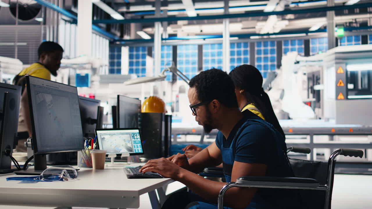 Vertical Video African american wheelchair user testing CAD software for manufacturing