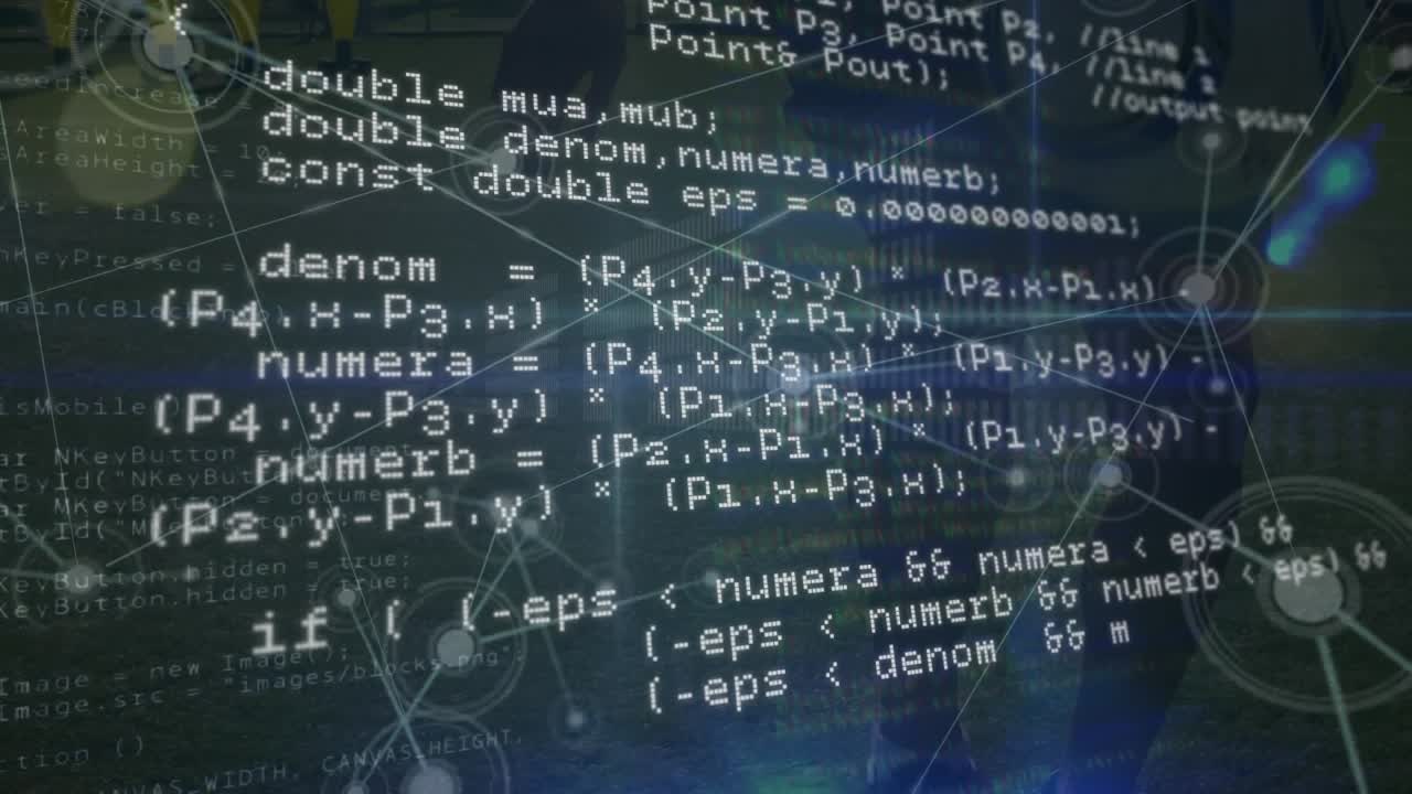 Animation of data processing over network of connection on black background