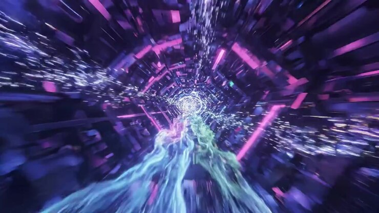 A mesmerizing journey through a vibrant, dynamic digital tunnel filled with luminous colors and swirling patterns, creating an immersive visual experience of motion and depth.