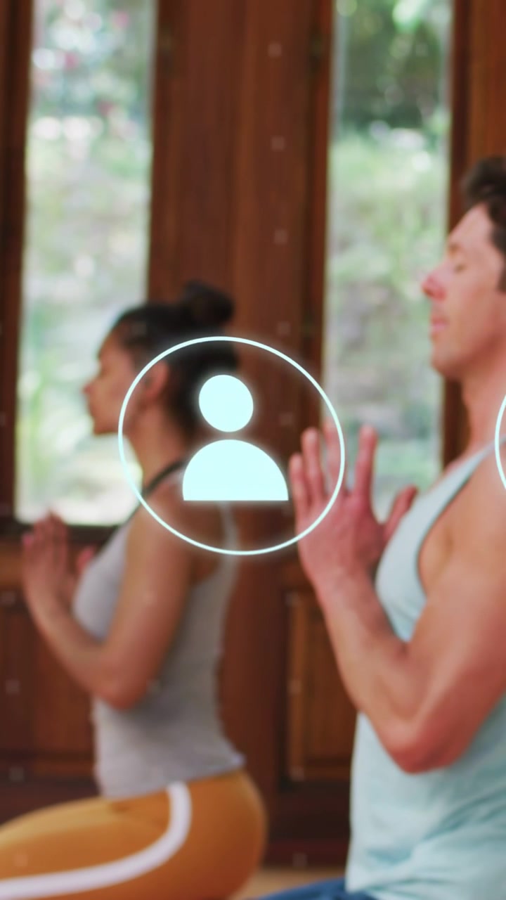 Vertical video: Group praying starting overlay, icons linking, binary falling, showing yoga network