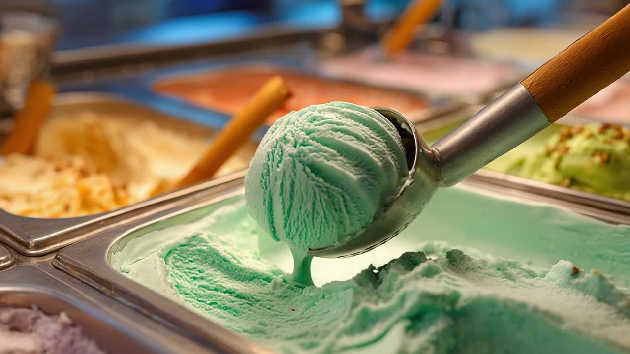 Pallina di gelato alla menta e cioccolato in una colorata gelateria