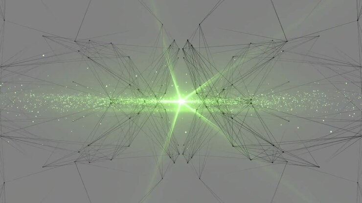 Green core sparking lattice split, wireframe expanding into mirrored shells showing energy flow