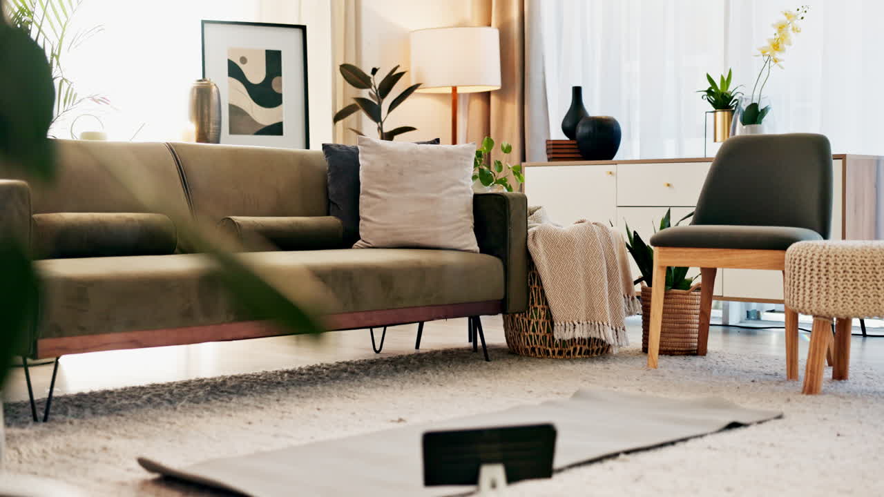 A cozy living room with a sofa, rug, and houseplants