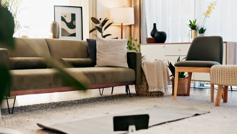 a cozy living room with a sofa, rug, and houseplants