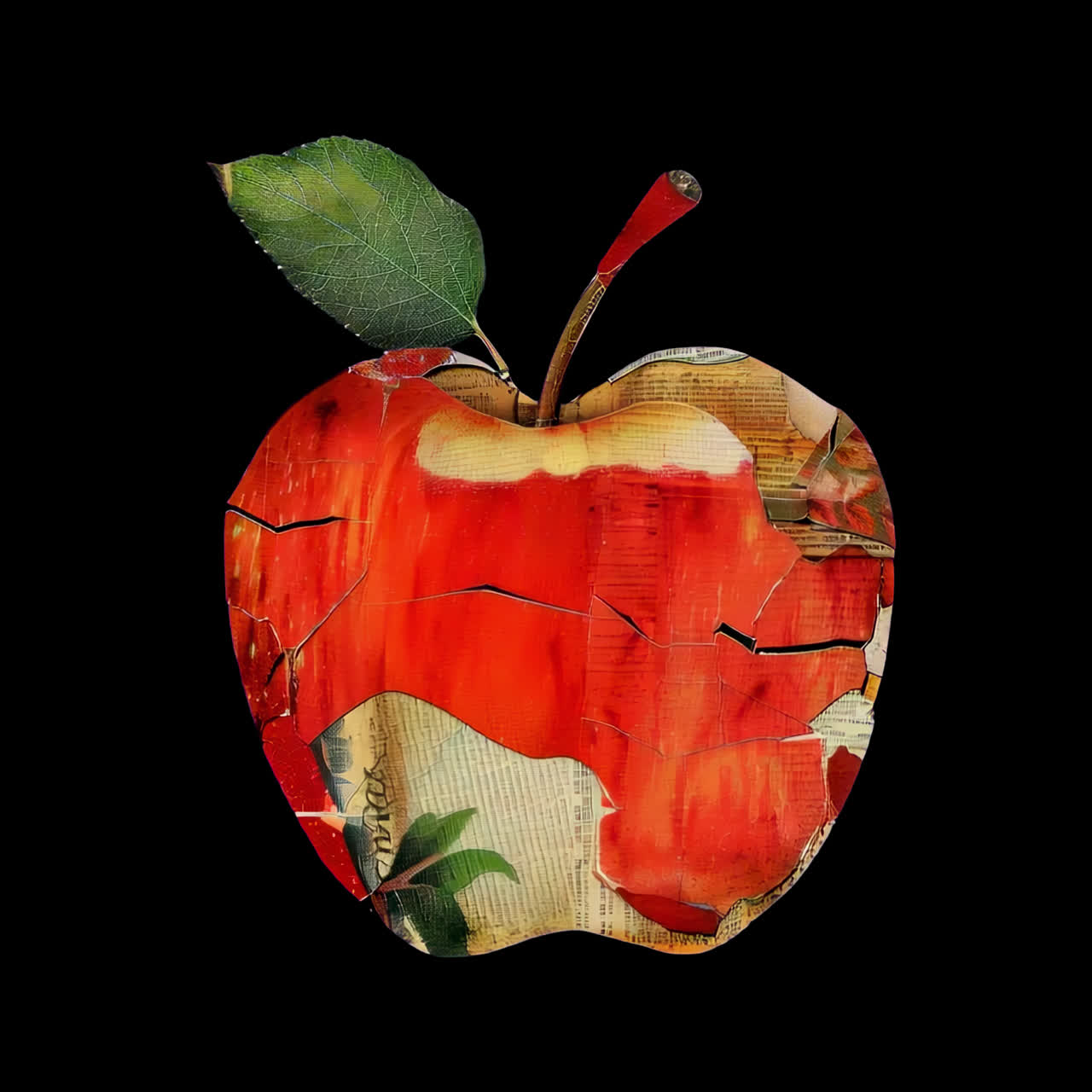 Artistic cracked apple collage animation isolated asset, transparent 4K video, alpha channel, ProRes