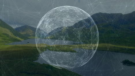 data processing animation showing network of connections over landscape scenery