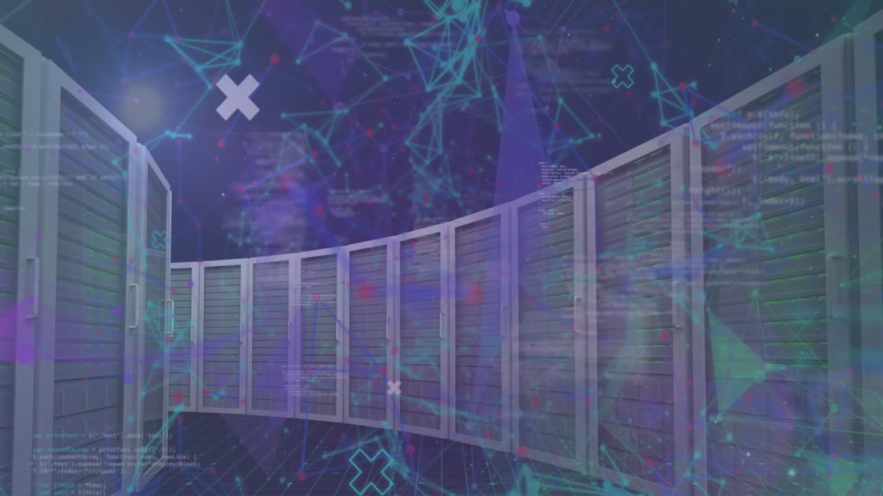 animación del procesamiento de datos, puntos de luz y redes de plexo contra la sala de servidores de computadoras