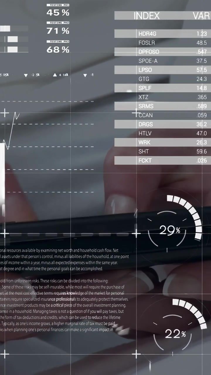 Vertical video: Female hands bringing phone into view, showing finance HUD updating charts, gauges