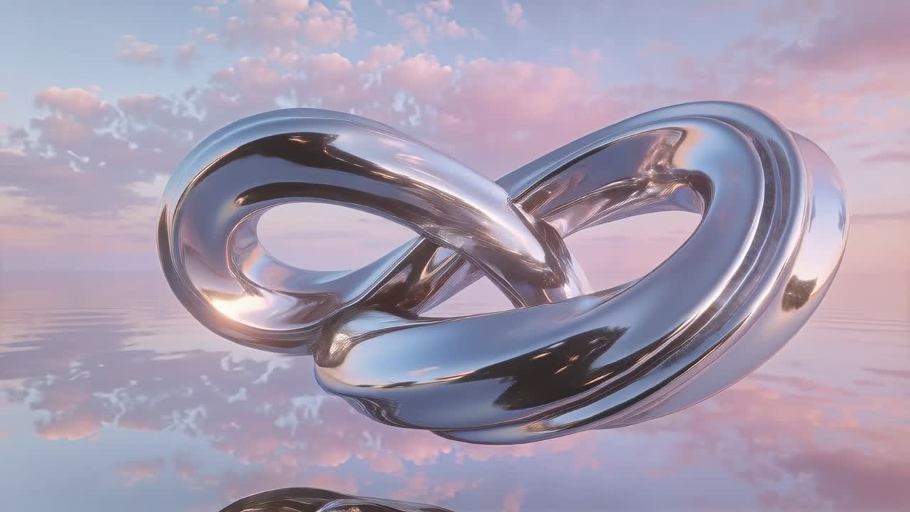 Rotating chrome infinity torus floating above mirror water, showing pastel sky sun-flare highlights