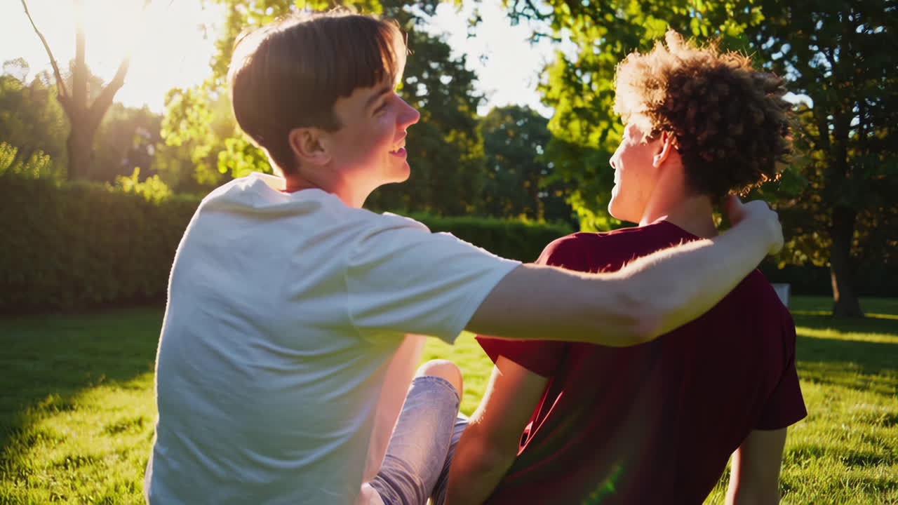 Two Young Friends Embracing in a Sunny Park