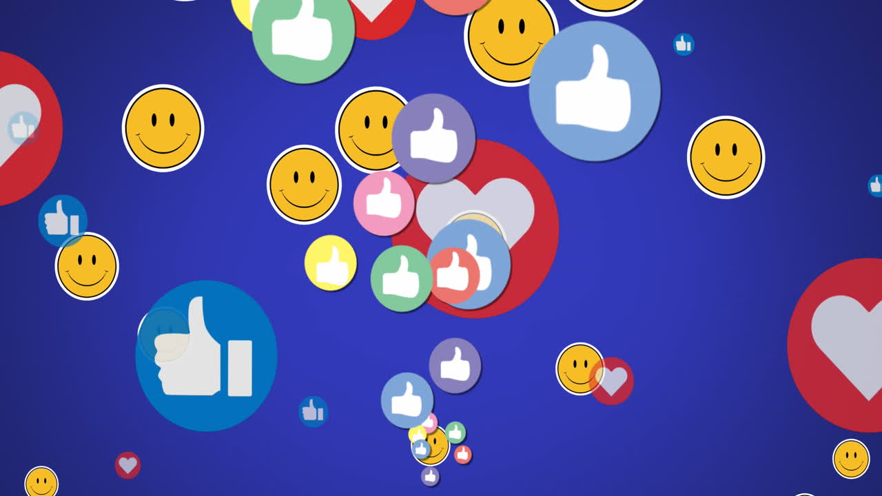 Animation of smiley, thumbs up and heart icons against blue background