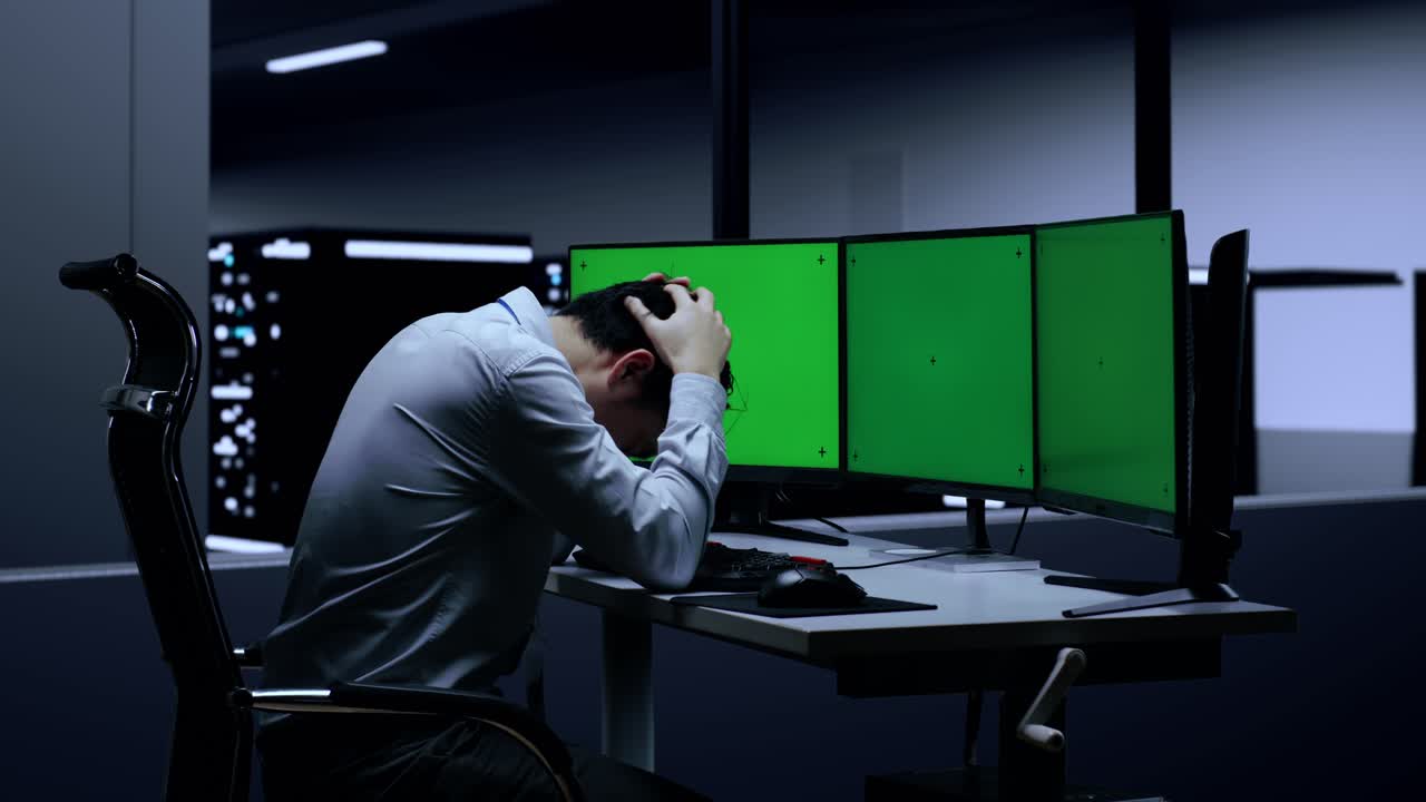 Overworked IT worker in a server room