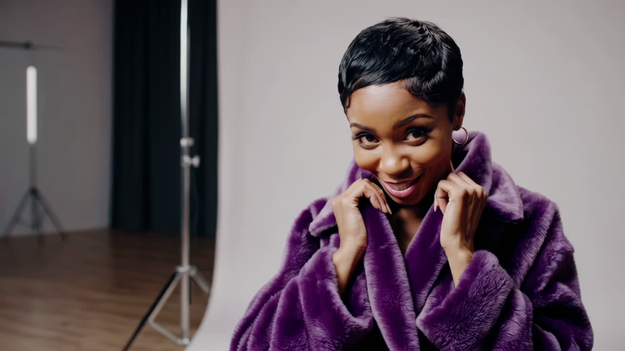 Fashionable Woman in Purple Faux Fur Coat Posing in Studio